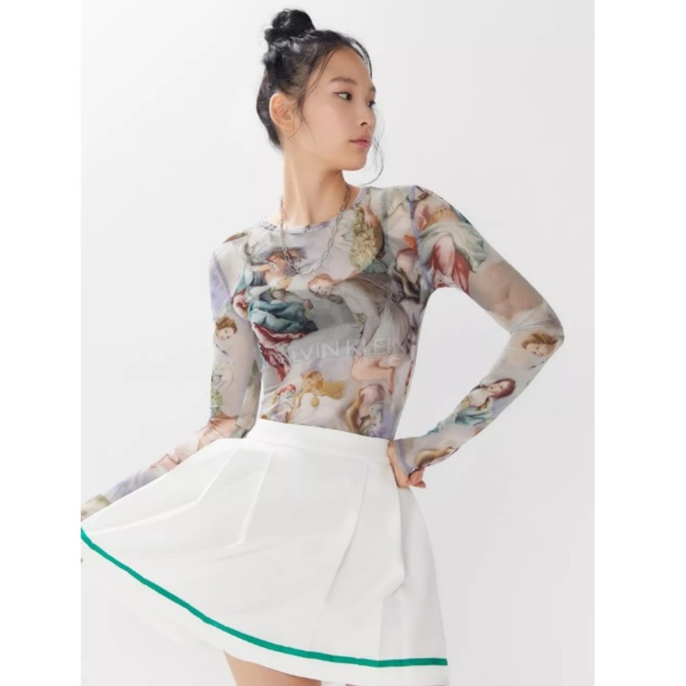 UO Mona Printed Sheer Mesh Long Sleeve Top